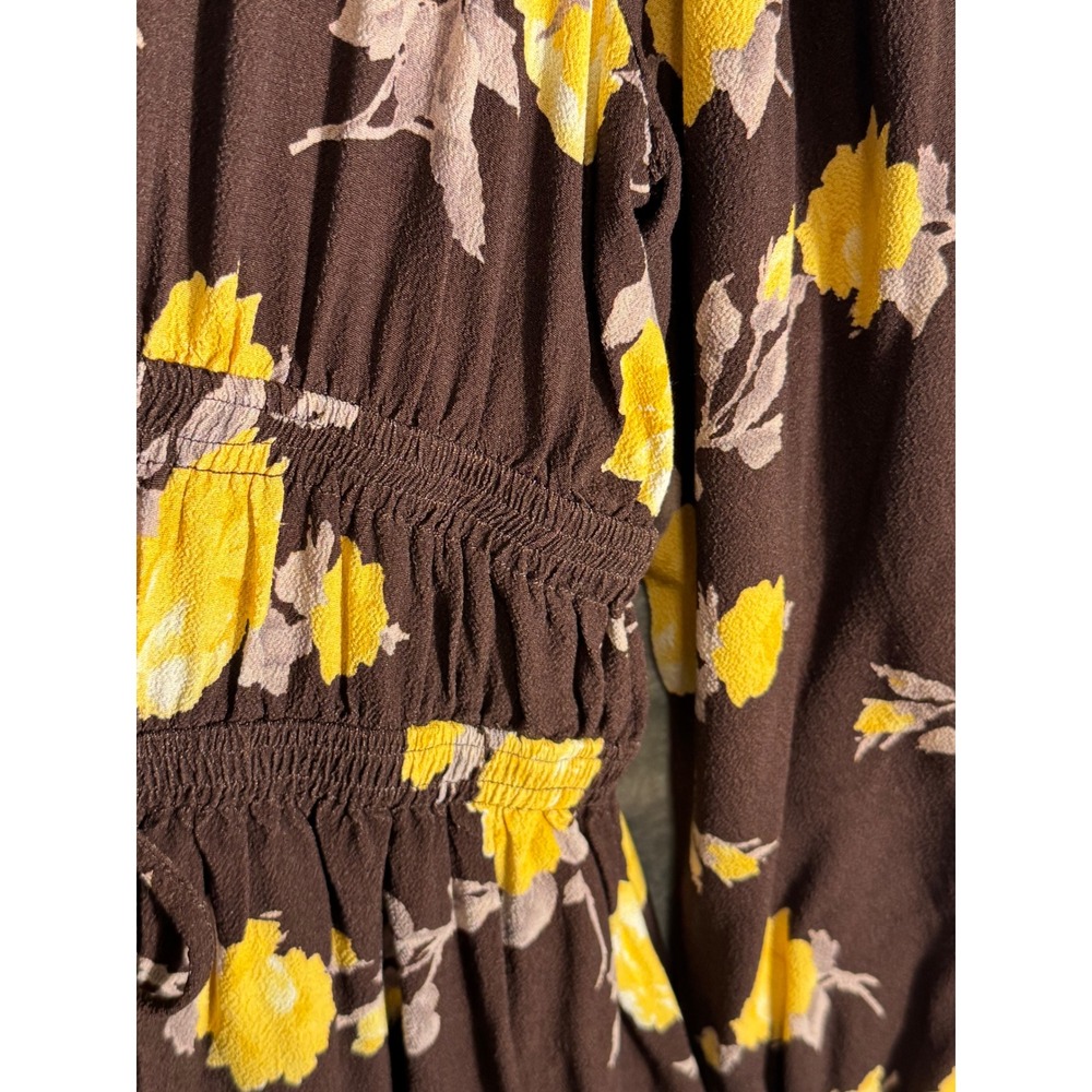 WAYF Brown Yellow Floral Smocked Waist V-Neck Long Sleeve Mini Dress Small - Picture 6 of 13
